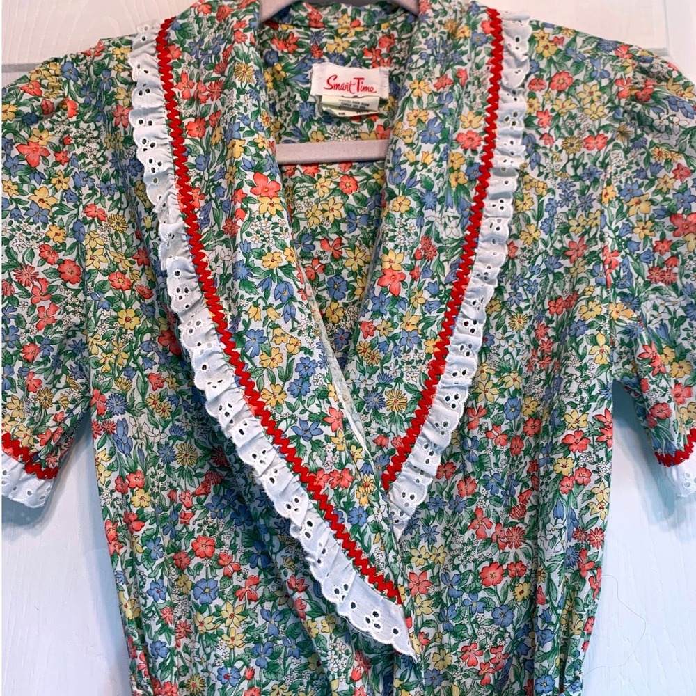 VTG Smart Time Floral Wrap Robe Petite Multicolor Eyelet Lace Rick Rack Retro - Picture 6 of 10